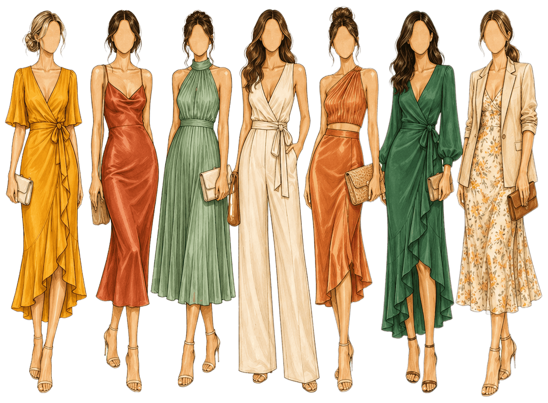 Ladies' outfit inspiration — autumn-toned dresses and jumpsuits